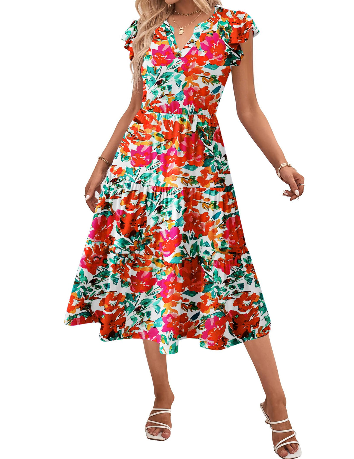ZEAGOO Womens Summer Casual Dresses Ruffle Sleeve V Neck Midi Dress Flowy Tiered Dress with Pockets Boho Sundresses