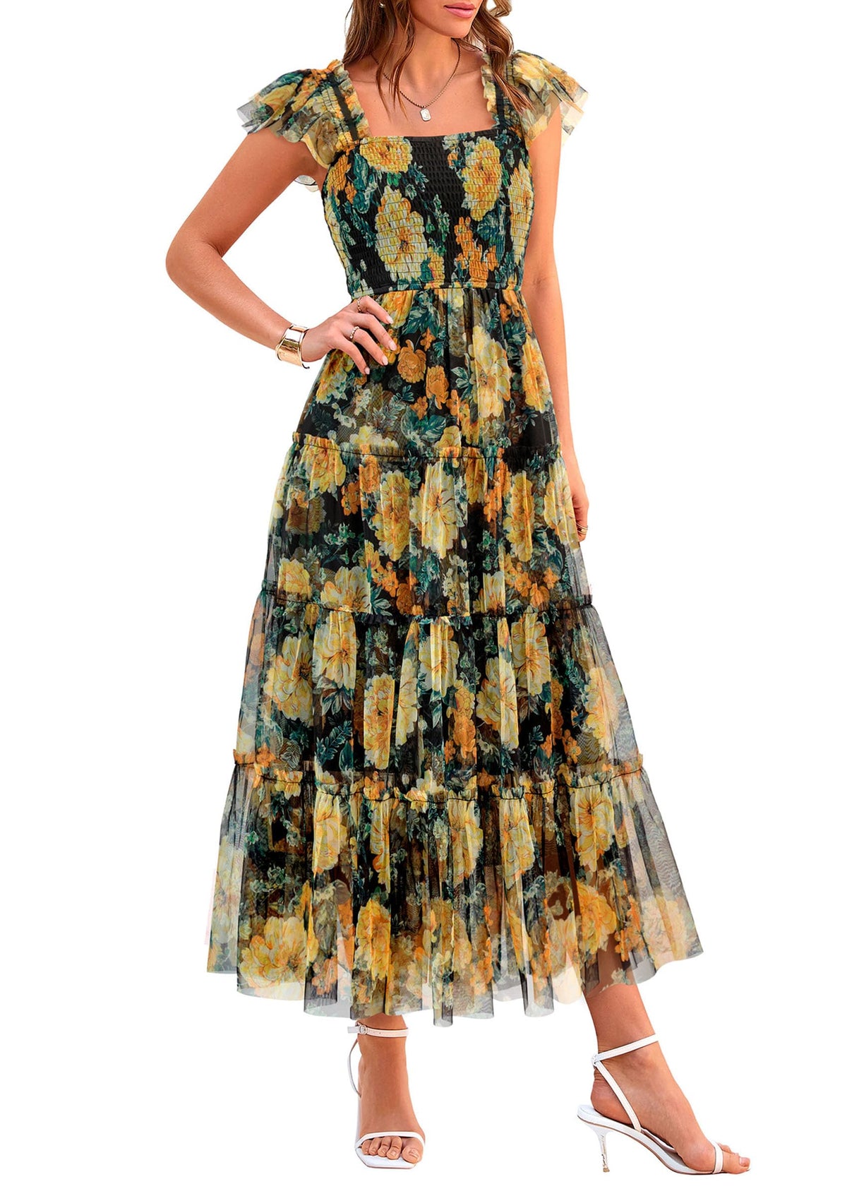 PRETTYGARDEN Women's Summer Smocked Midi Tulle Dress