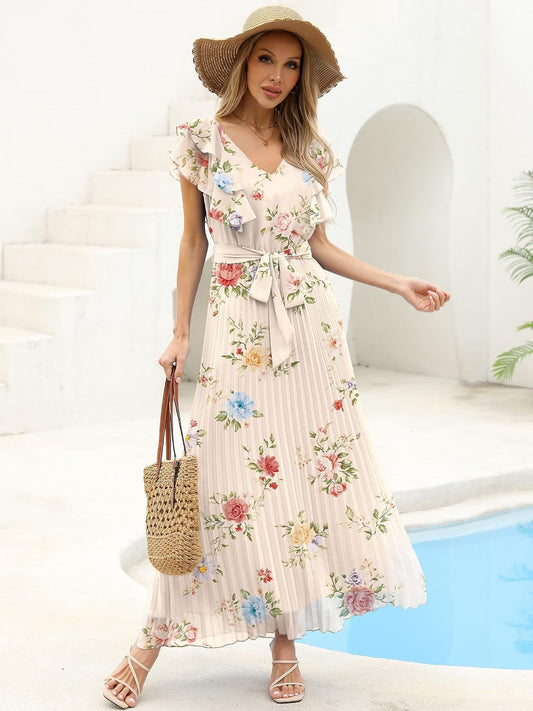 ANRABESS Women V Neck Ruffle Sleeve Floral Pleated Maxi Dresses Summer Boho Belt Empire Waist Wedding Guest Party Flowy Dress