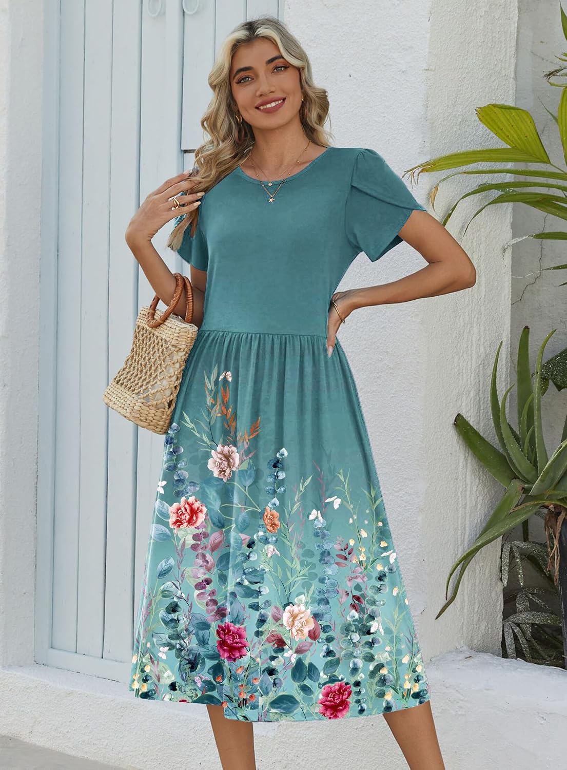 Zeagoo Womens Summer Dresses Casual Aline Midi Dress Short Sleeve Floral Tshirt Dress Flowy Beach Sundresses with Pockets