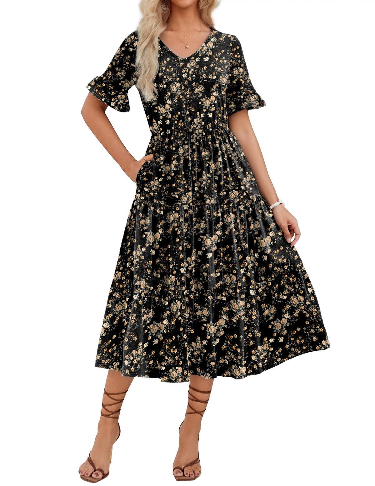 ZEAGOO Women's Summer Dresses Midi Tiered Casual Dress Floral V Neck Ruffle Short Sleeve Flowy Beach Dress with Pockets