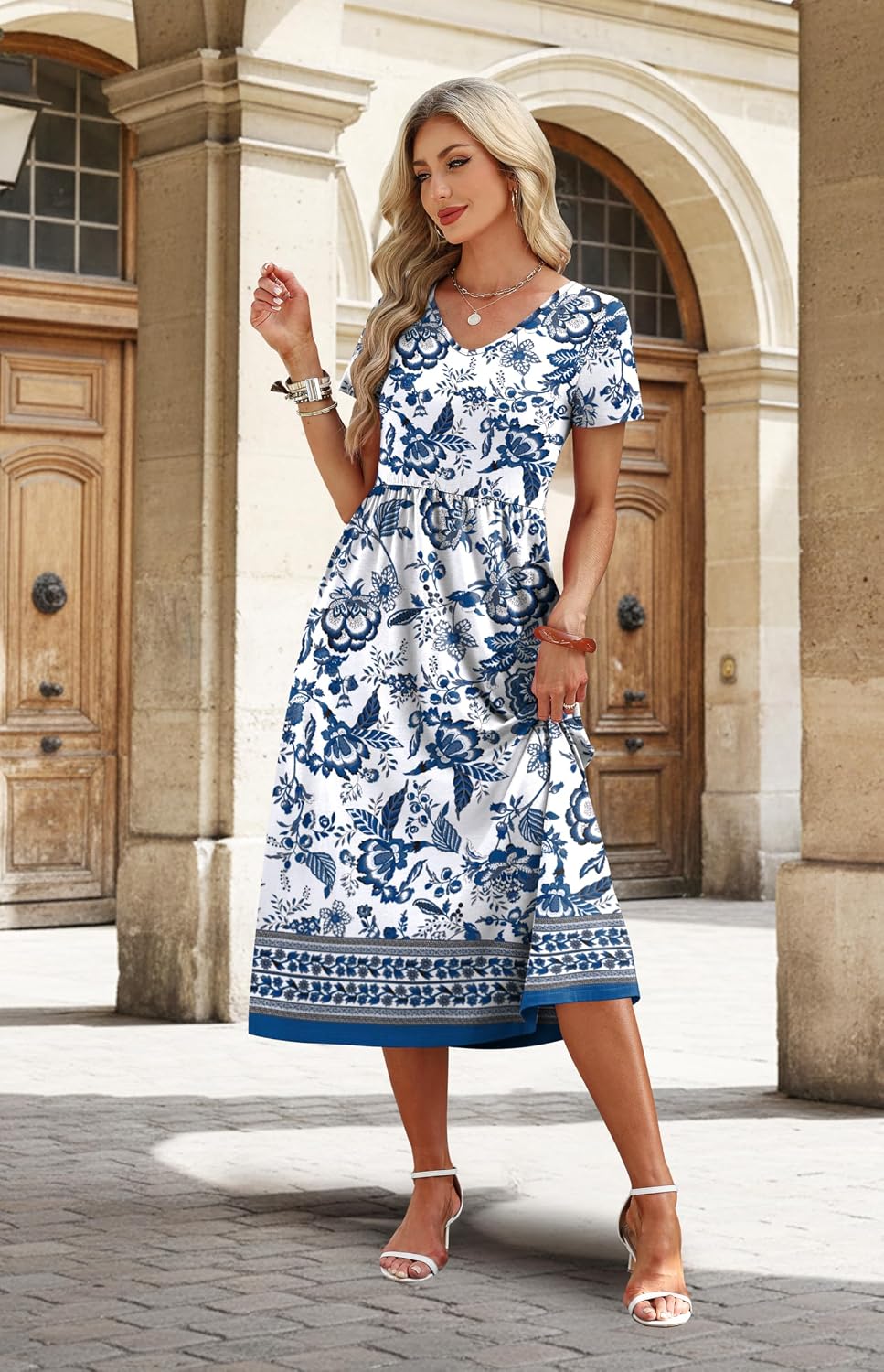 OFEEFAN Summer Dresses for Women Flowy Casual A-Line Midi Dress Beach Vacation Sundresses with Pockets S-2XL