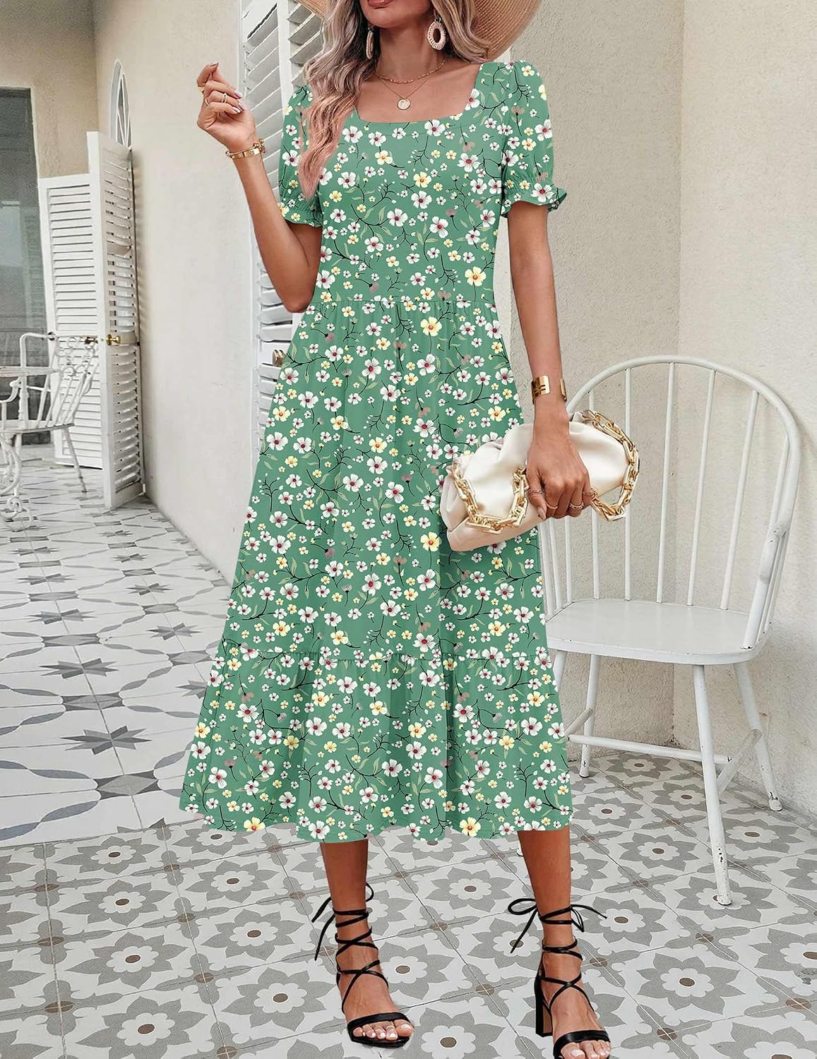 Zeagoo Summer Dresses for Women Flowy Casual Midi Dress Short Sleeve Tiered Dress Beach Vacation Sundresses with Pockets