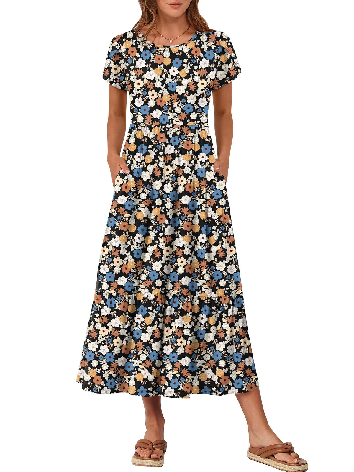 ANRABESS Womens Summer Petal Short Sleeve Maxi Dress with Pockets