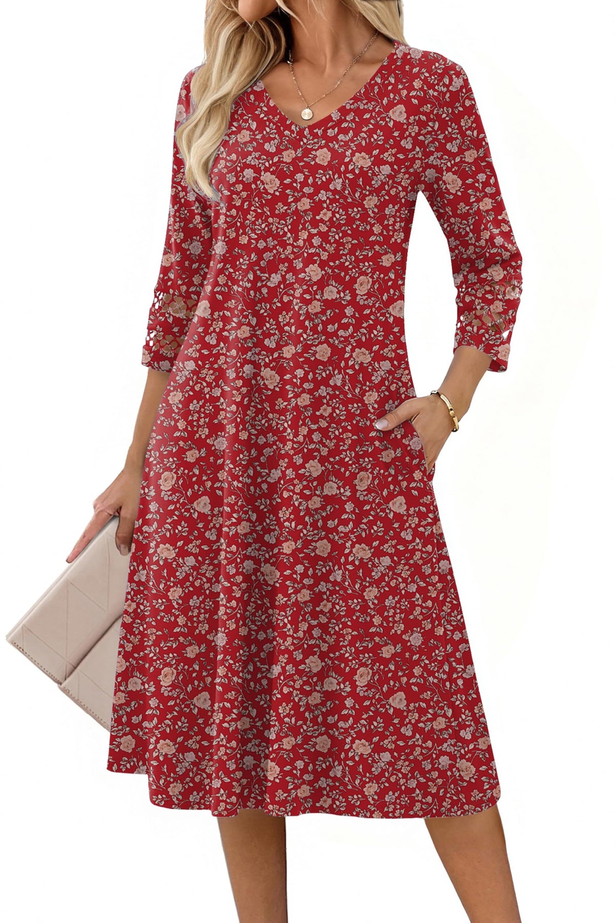Zeagoo Women's Dresses 3/4 Sleeve Casual V-Neck A Line Eyelet Midi Dress