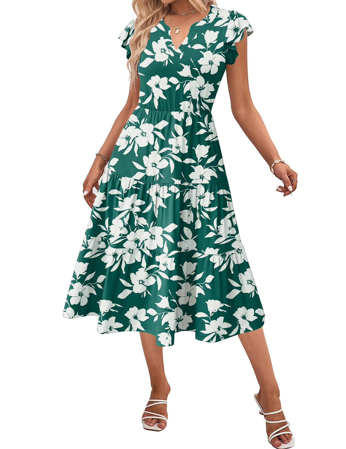 ZEAGOO Womens Summer Casual Dresses Ruffle Sleeve V Neck Midi Dress Flowy Tiered Dress with Pockets Boho Sundresses