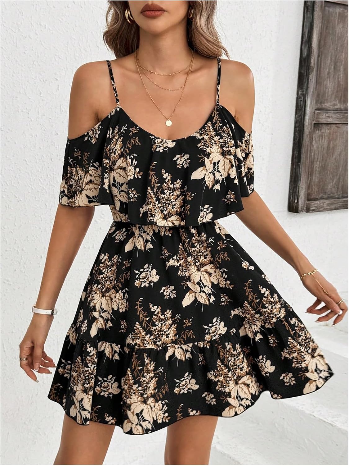 SOLY HUX Women's Summer Floral Mini Dress Cold Shoulder Ruffle Dresses