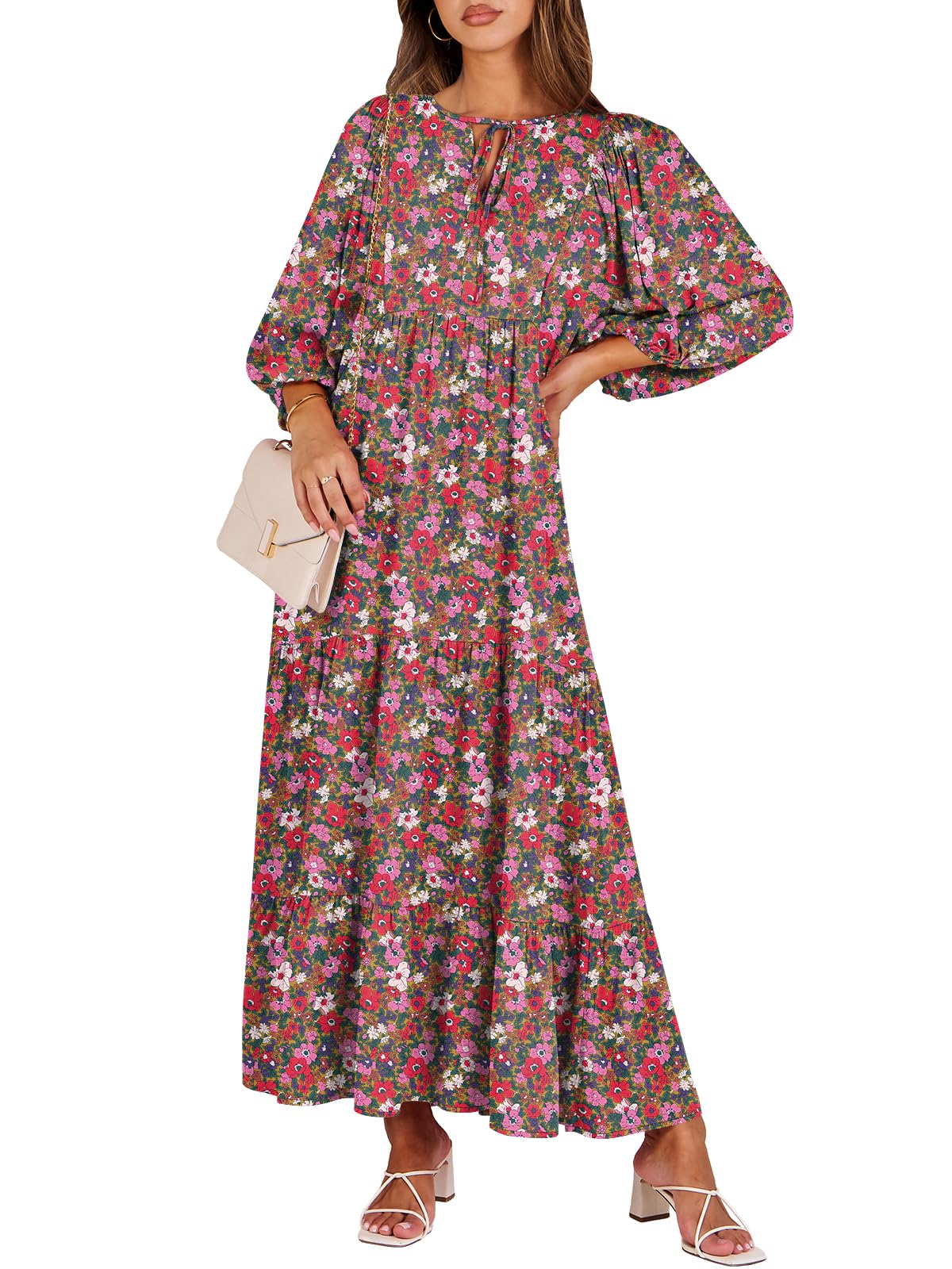 ANRABESS Womens Boho Floral 3/4 Puff Sleeve Maxi Dress