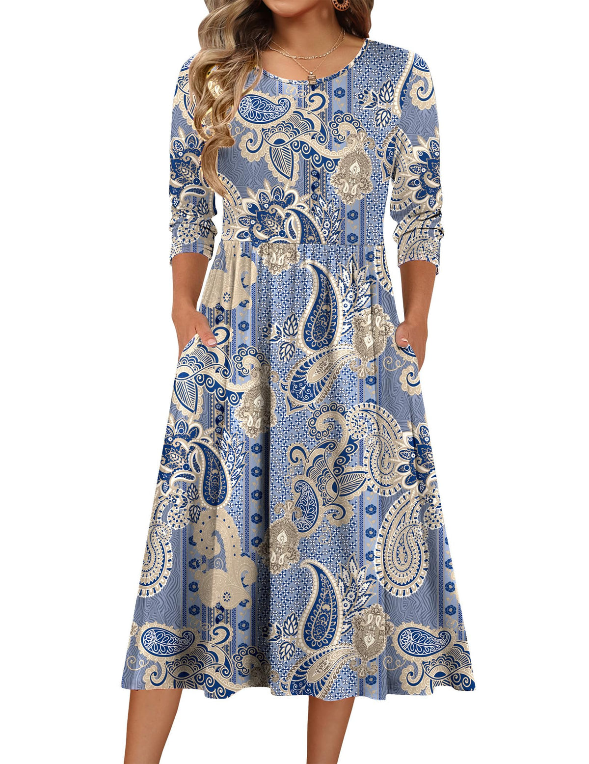 Zeagoo 3/4 Sleeve Women's Dress Casual Aline Summer Fall Midi Long Dresses
