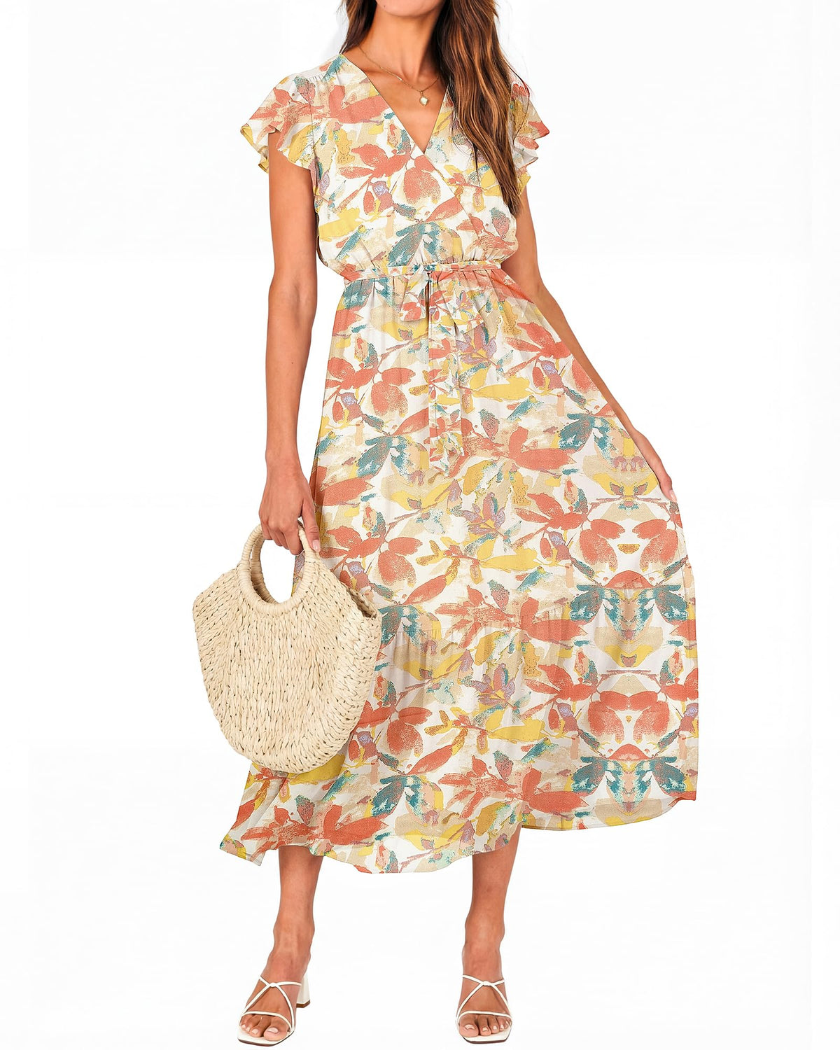BTFBM Women Summer Casual Wrap V Neck Ruffle Cap Sleeve Belted Midi Dress