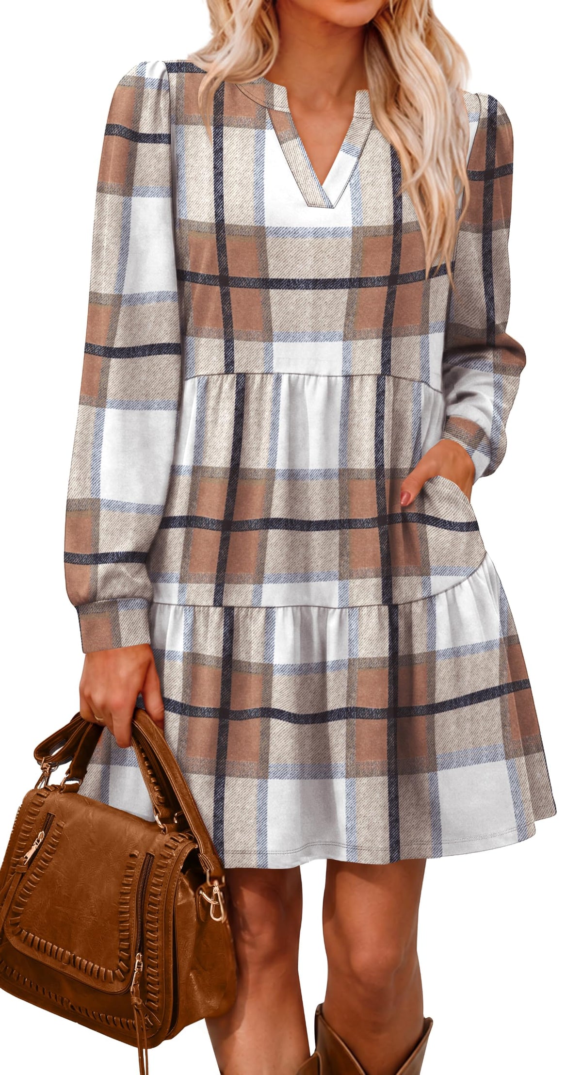 OFEEFAN Fall Dresses for Women V Neck Long Sleeve Tiered Dress with Pockets