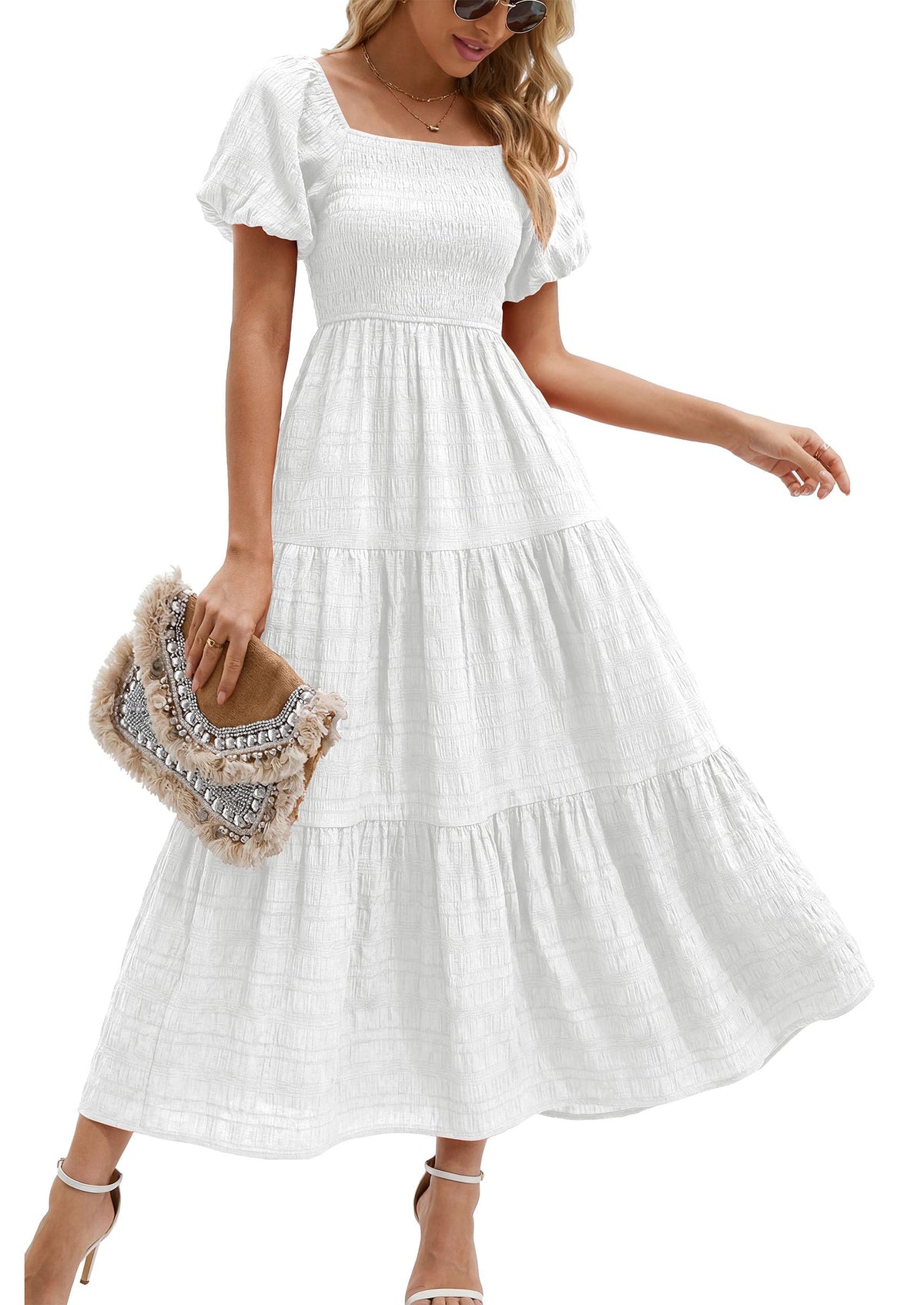 PRETTYGARDEN Womens Puff Short Sleeve Maxi Dress