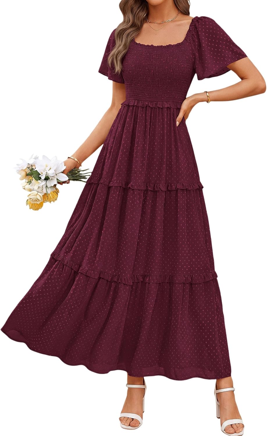 PRETTYGARDEN Womens Summer Dresses Boho Maxi Swiss Dot Dress