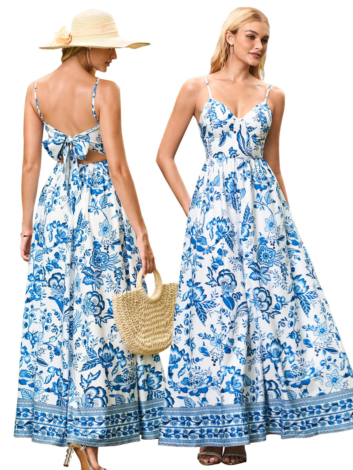 HTZMO Women Summer Floral Maxi Sundress Boho Beach Long Dress