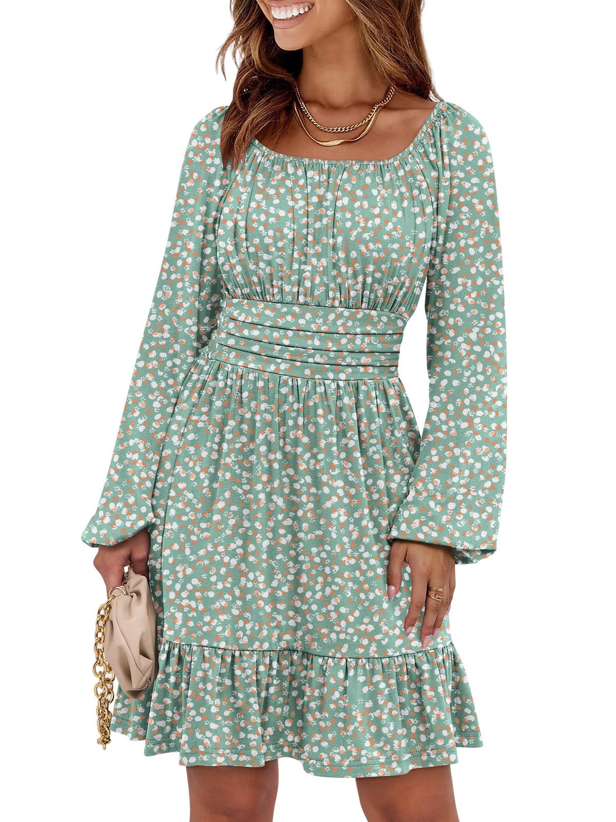 ANRABESS Women Long Lantern Sleeve Square Neck Fall Short Dress