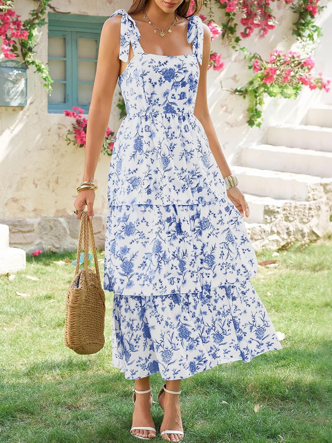 Wenrine Womens Summer Floral Maxi Dress Sleeveless Ruffle Smocked Sundress