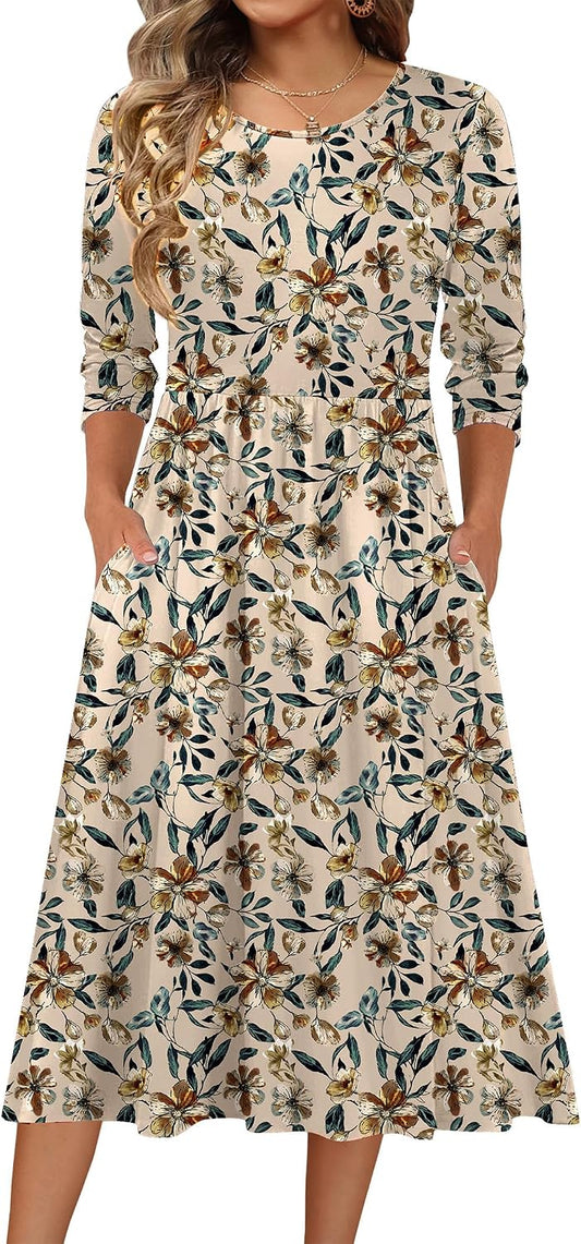 Zeagoo 3/4 Sleeve Women's Dress Casual Aline Summer Fall Midi Long Dresses