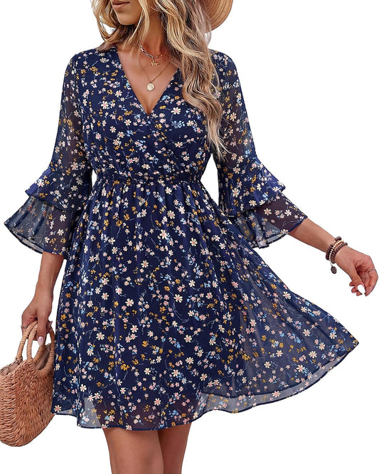 Bebonnie Womens 3/4 Ruffle Sleeve Spring Summer Casual V Neck Flowy Chiffon Layers Dresses