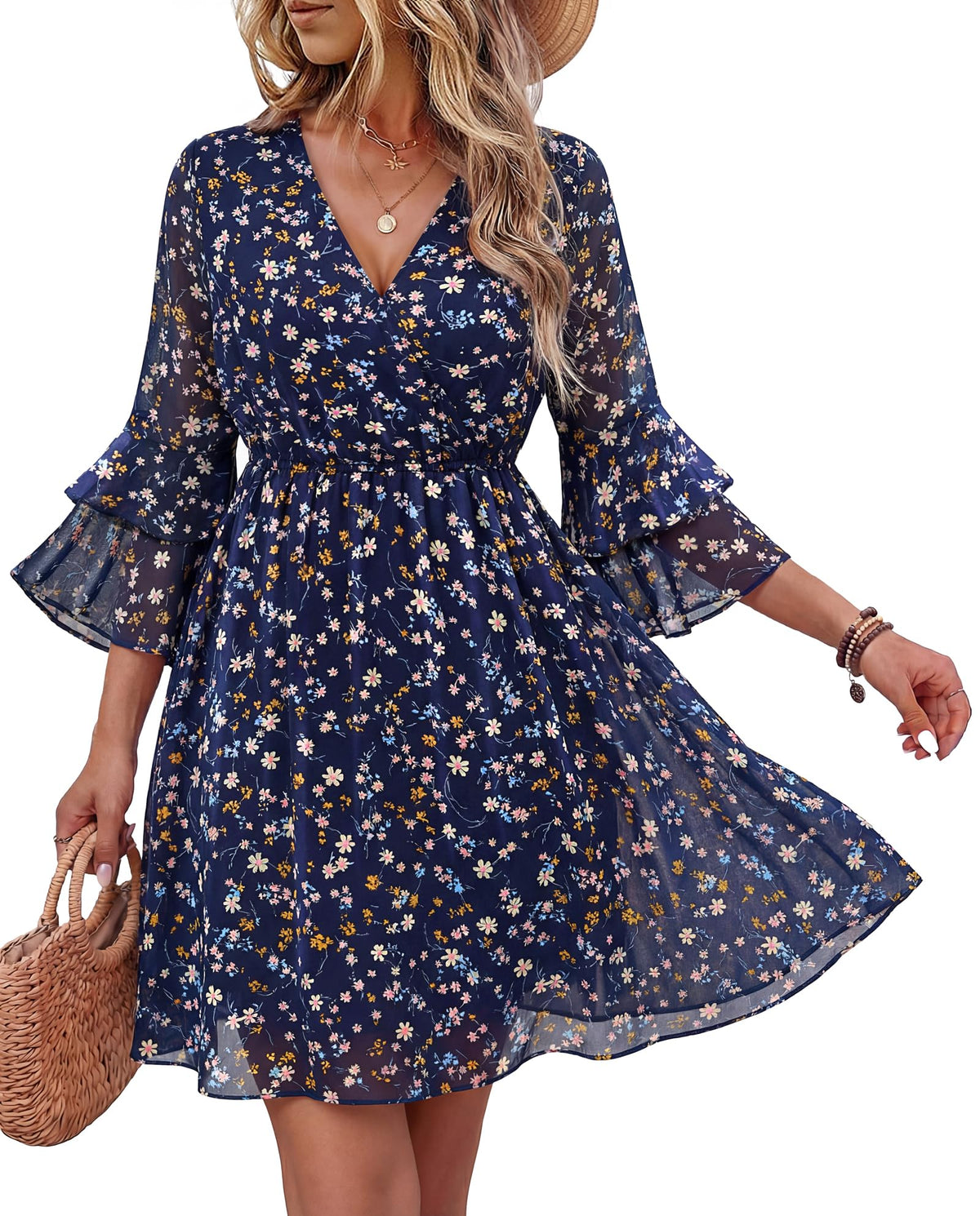 Bebonnie Womens 3/4 Ruffle Sleeve Spring Summer Casual V Neck Flowy Chiffon Layers Dresses