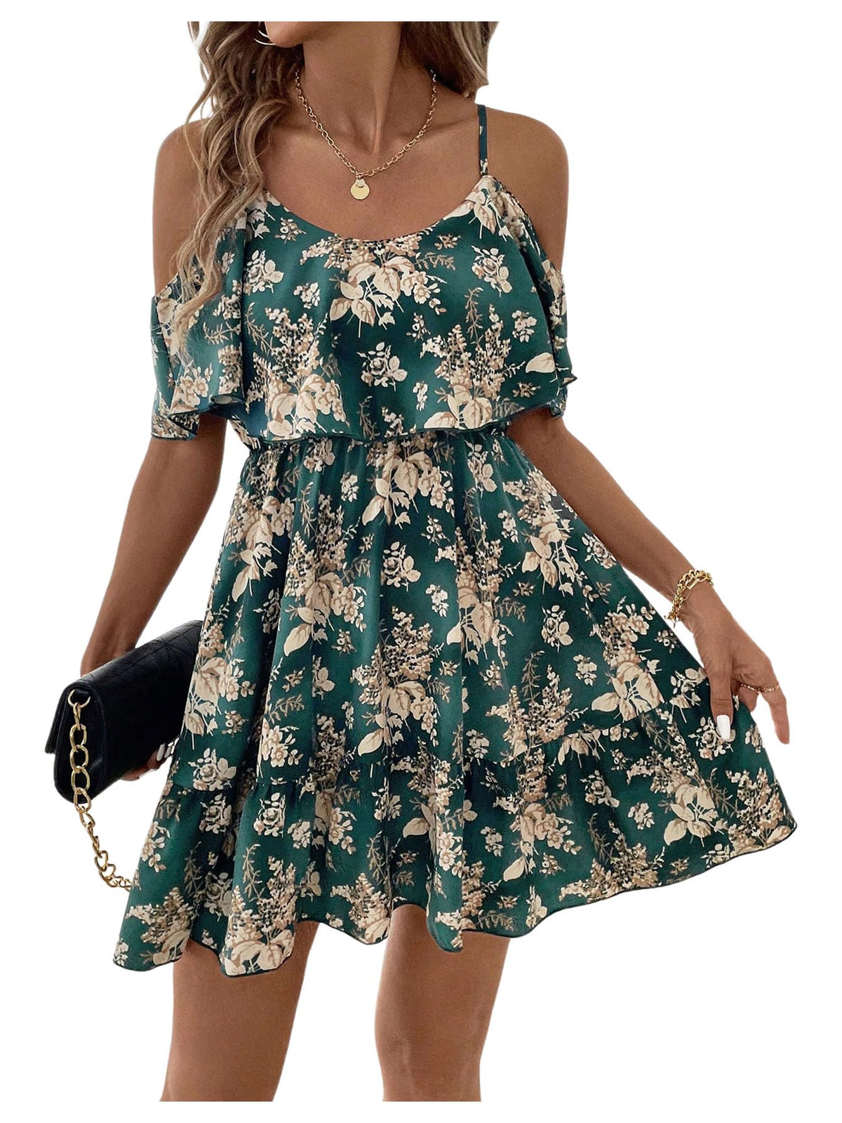 SOLY HUX Women's Summer Floral Mini Dress Cold Shoulder Ruffle Dresses
