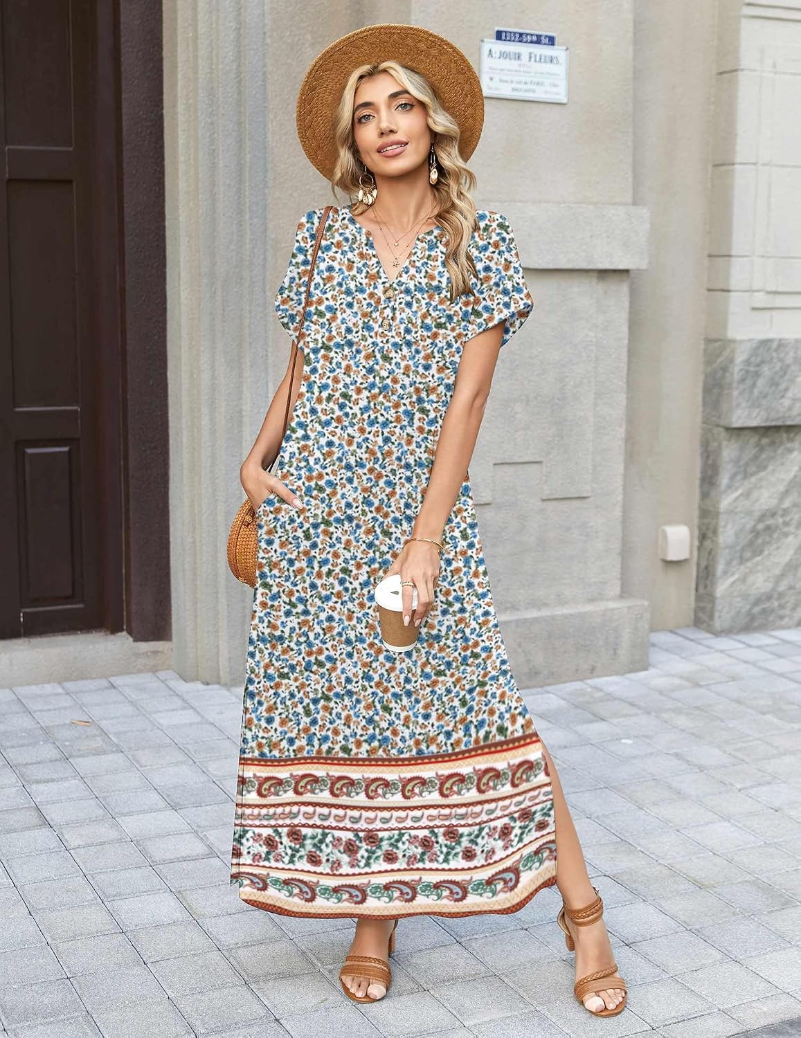 Zeagoo Summer Dresses for Women 2026 Maxi Dresses Vacation Sundress Short Sleeve Casual Sundresses Split Dress with Pockets