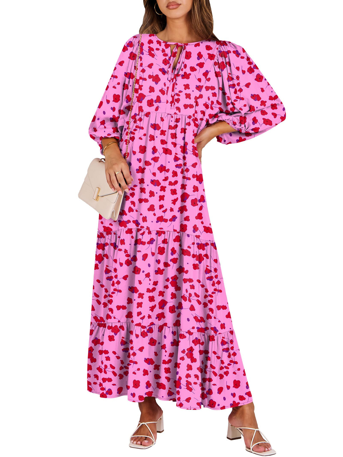 ANRABESS Womens Boho Floral 3/4 Puff Sleeve Maxi Dress