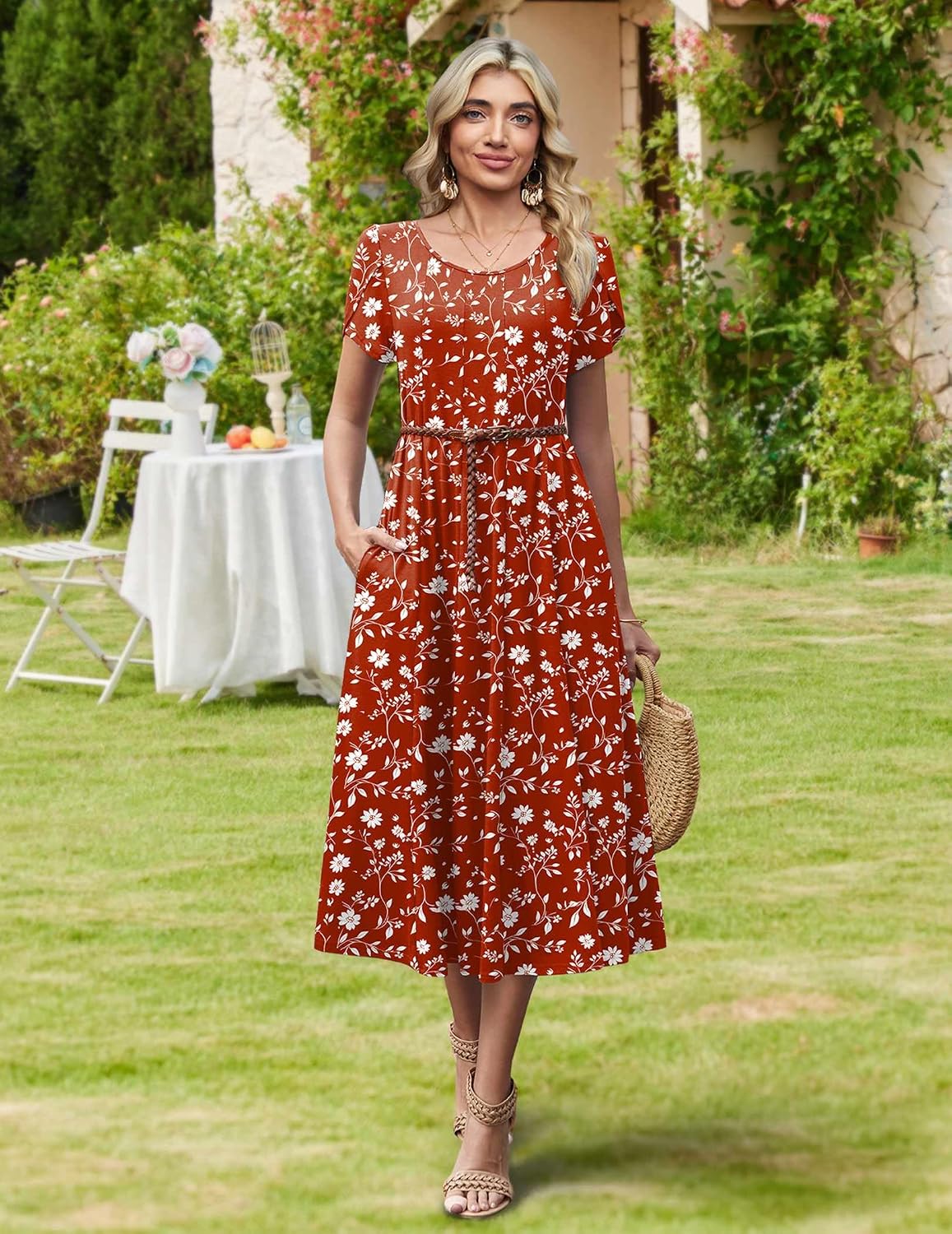 HOTOUCH Summer Dresses for Women 2026 Casual Midi Dress Petal Short Sleeve A Line Dress Pleated Flare Sundress