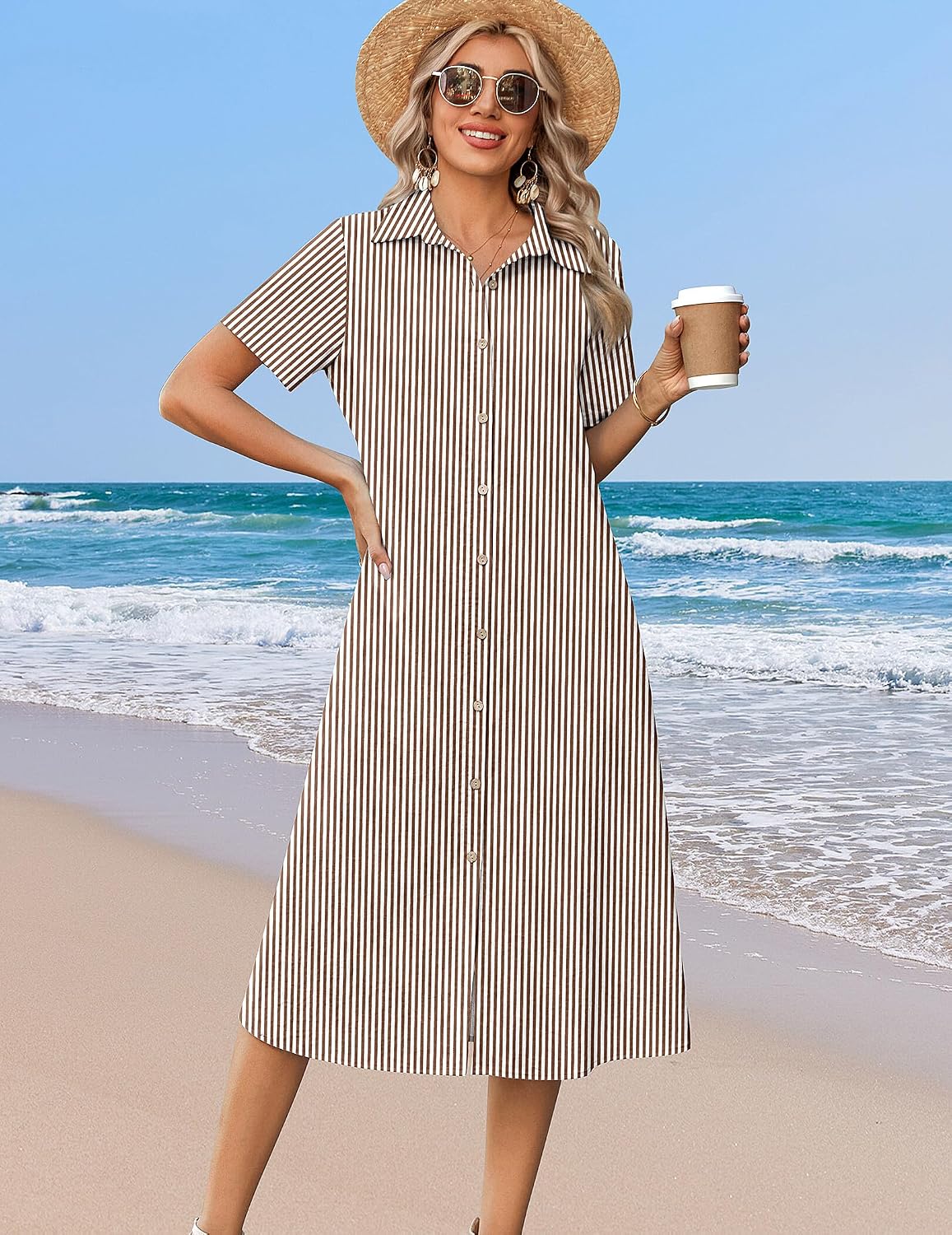Zeagoo Summer Dresses for Women 2026 Button Down Shirt Dresses Aline Long Sundress Short Sleeve Beach Travel Cover Up