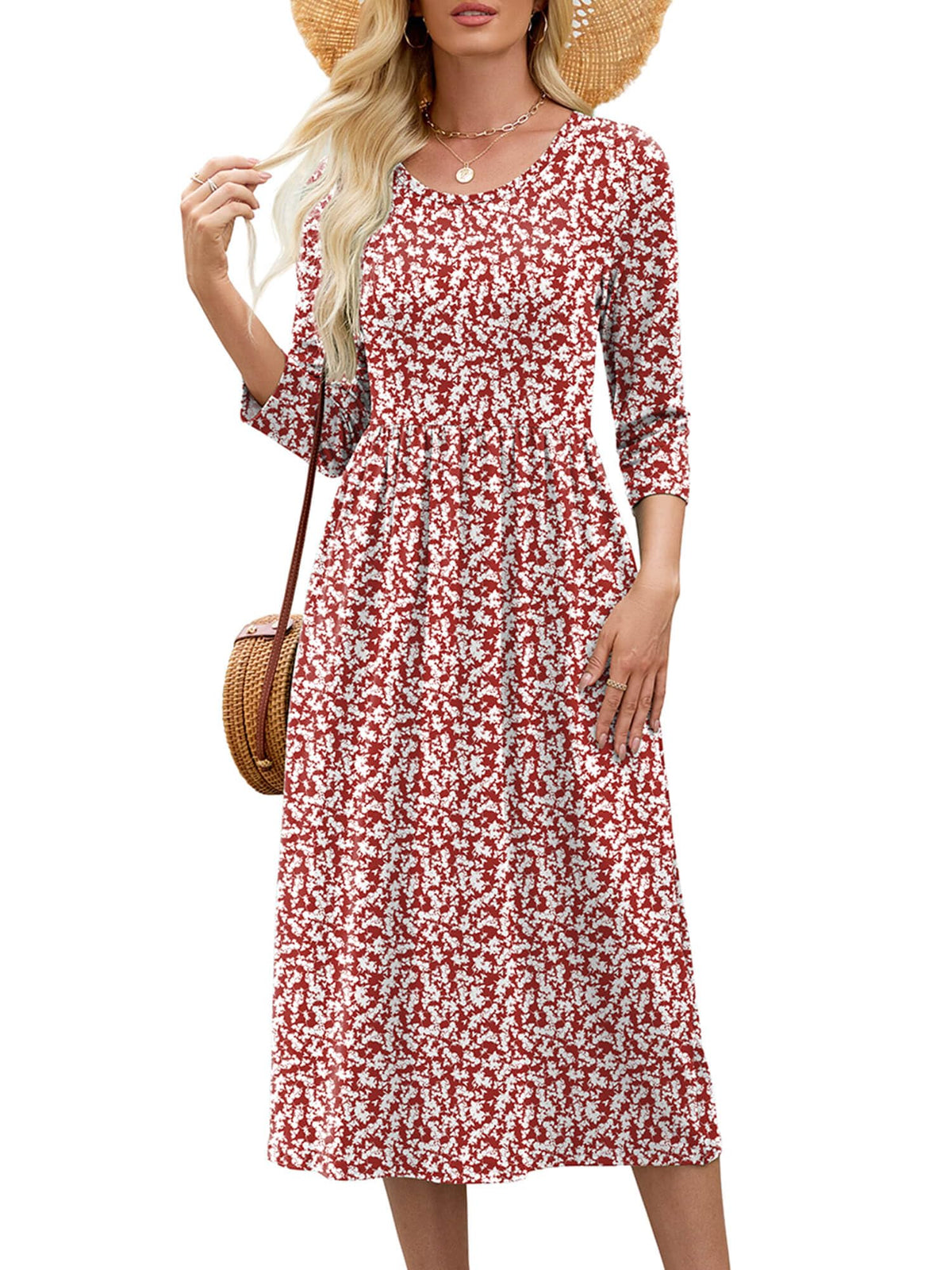 Heymoments Women's Casual 3/4 Sleeve Midi Dress with Pockets