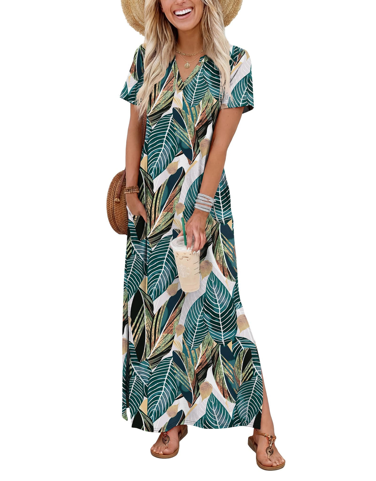 OFEEFAN Summer Dresses for Women 2026 Maxi Dress Short Sleeve Sundresses with Pockets Beach Vacation Spring Outfits