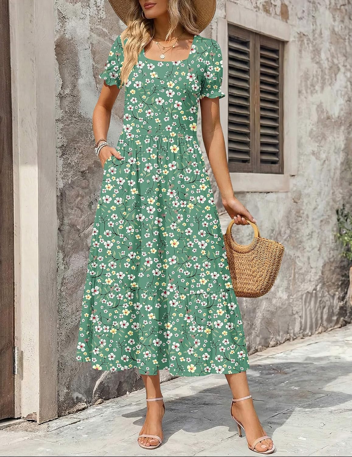 Zeagoo Summer Dresses for Women Flowy Casual Midi Dress Short Sleeve Tiered Dress Beach Vacation Sundresses with Pockets