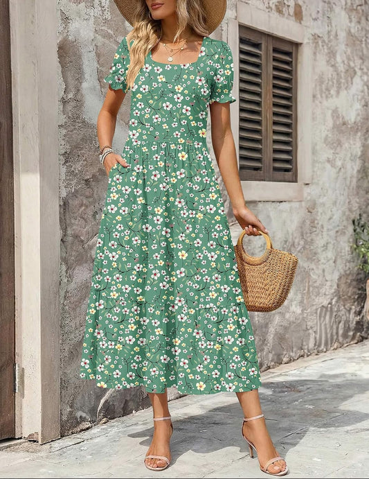 Zeagoo Summer Dresses for Women Flowy Casual Midi Dress Short Sleeve Tiered Dress Beach Vacation Sundresses with Pockets
