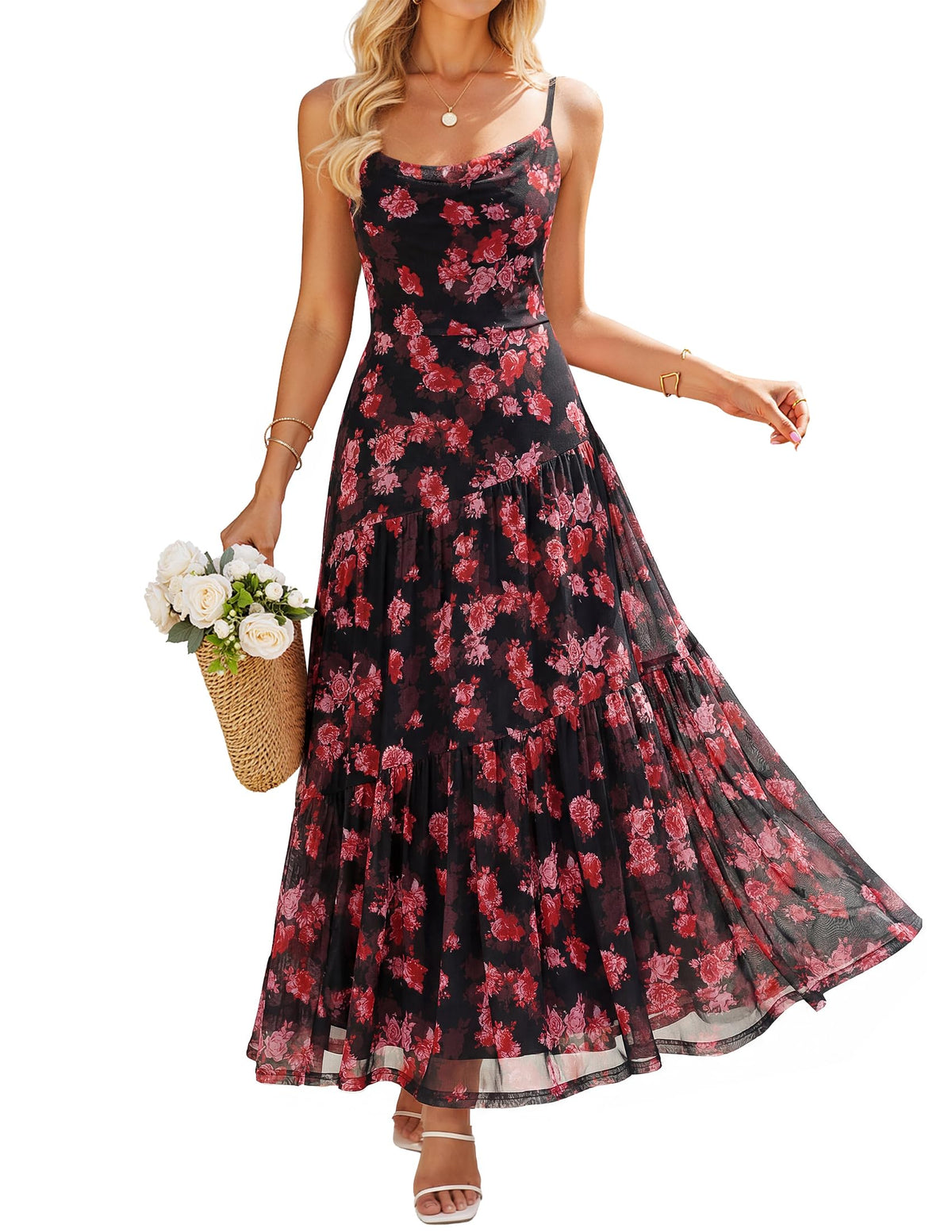 ZESICA Women's Summer Mesh Floral Sleeveless Wedding Guest Dress