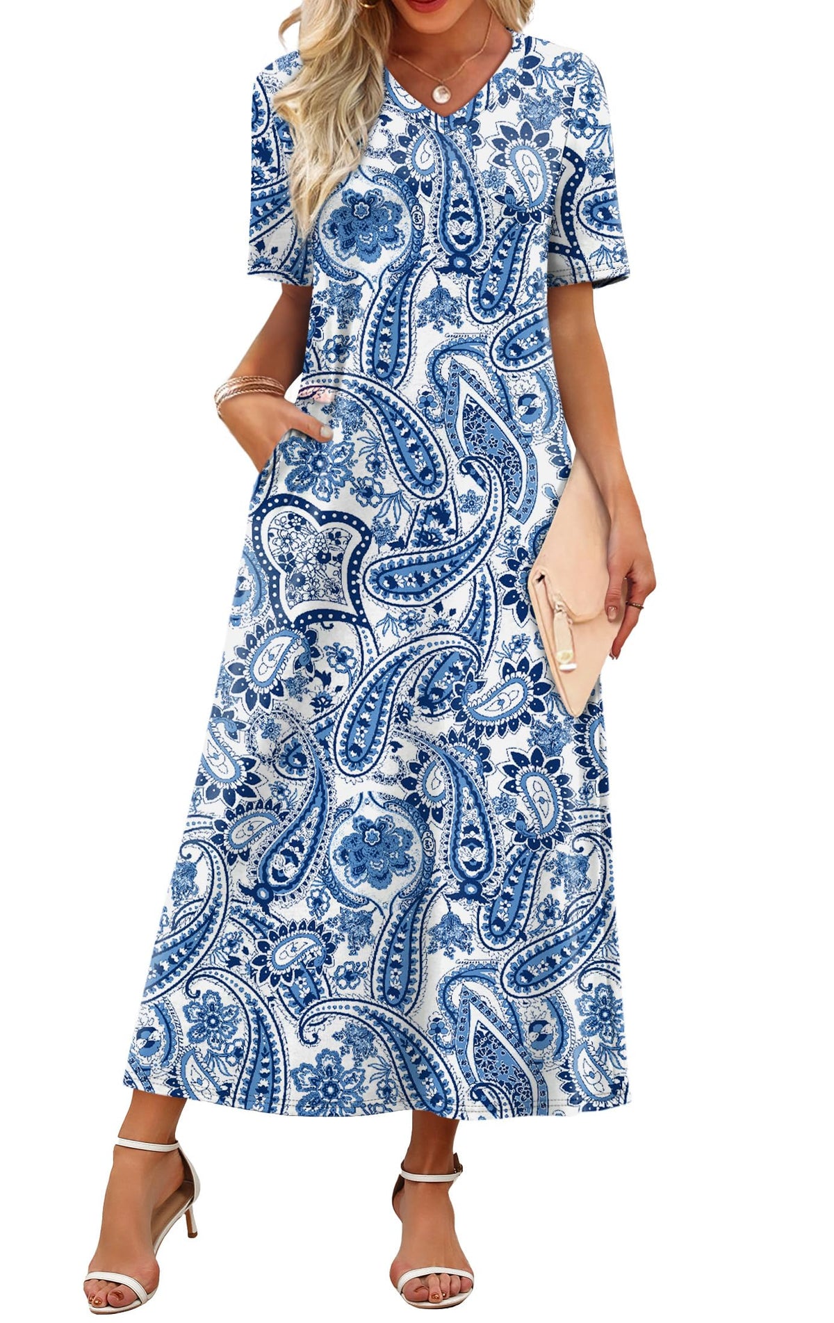 WIHOLL Women's Maxi Dresses V Neck Vacation Beach Sundresses Floral Travel Summer Dress