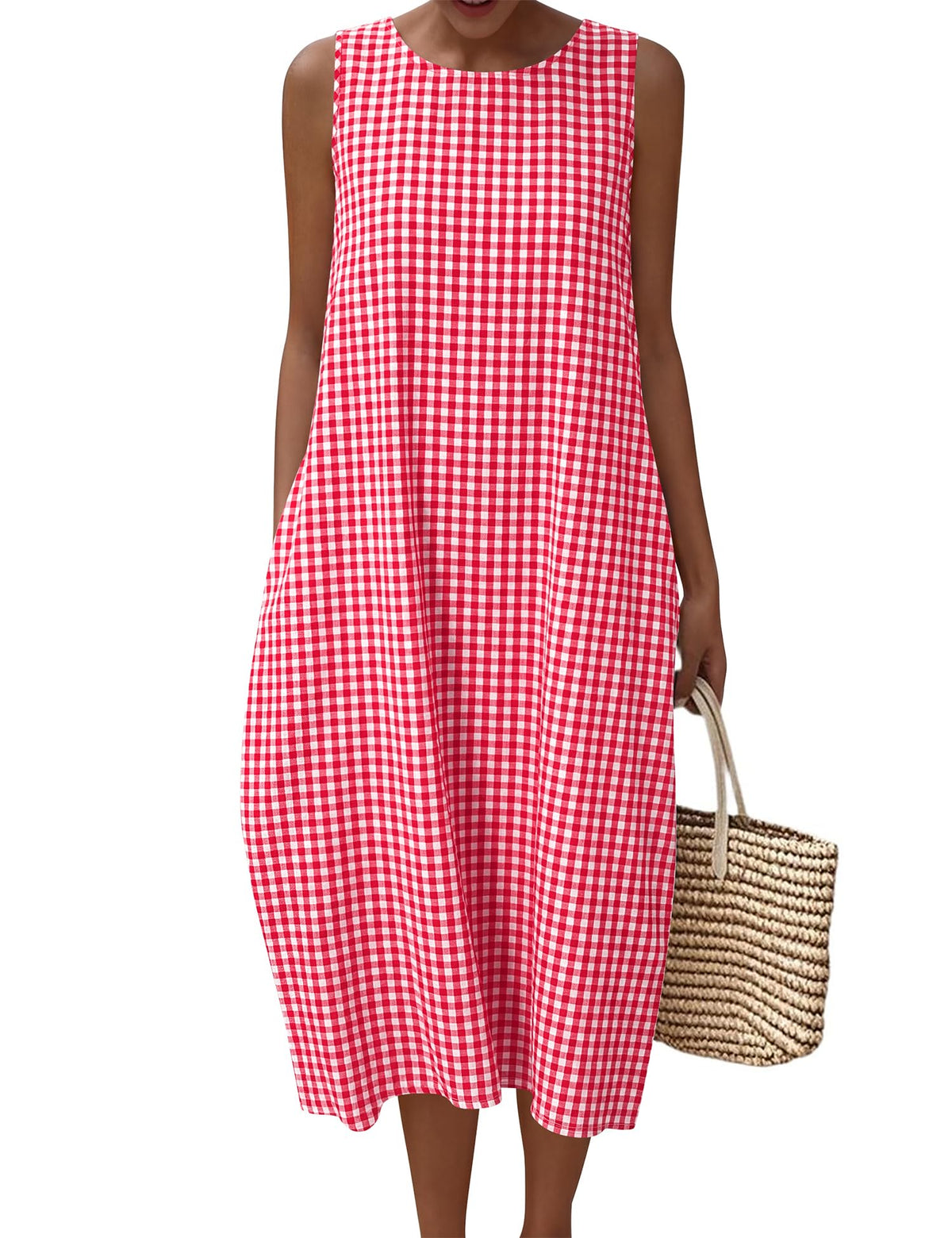 LOMON Womens Summer Sleeveless Dress Cotton Gingham Striped with Pockets