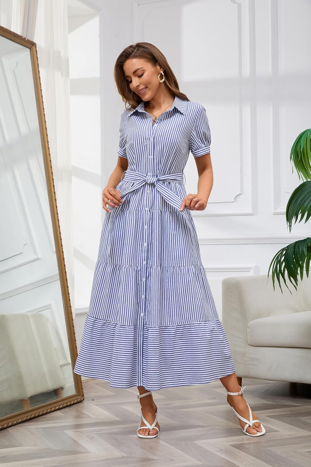 utcoco Womens Casual Short Sleeve Button Down Tie Waist Ruffled Striped Maxi Shirt Dress
