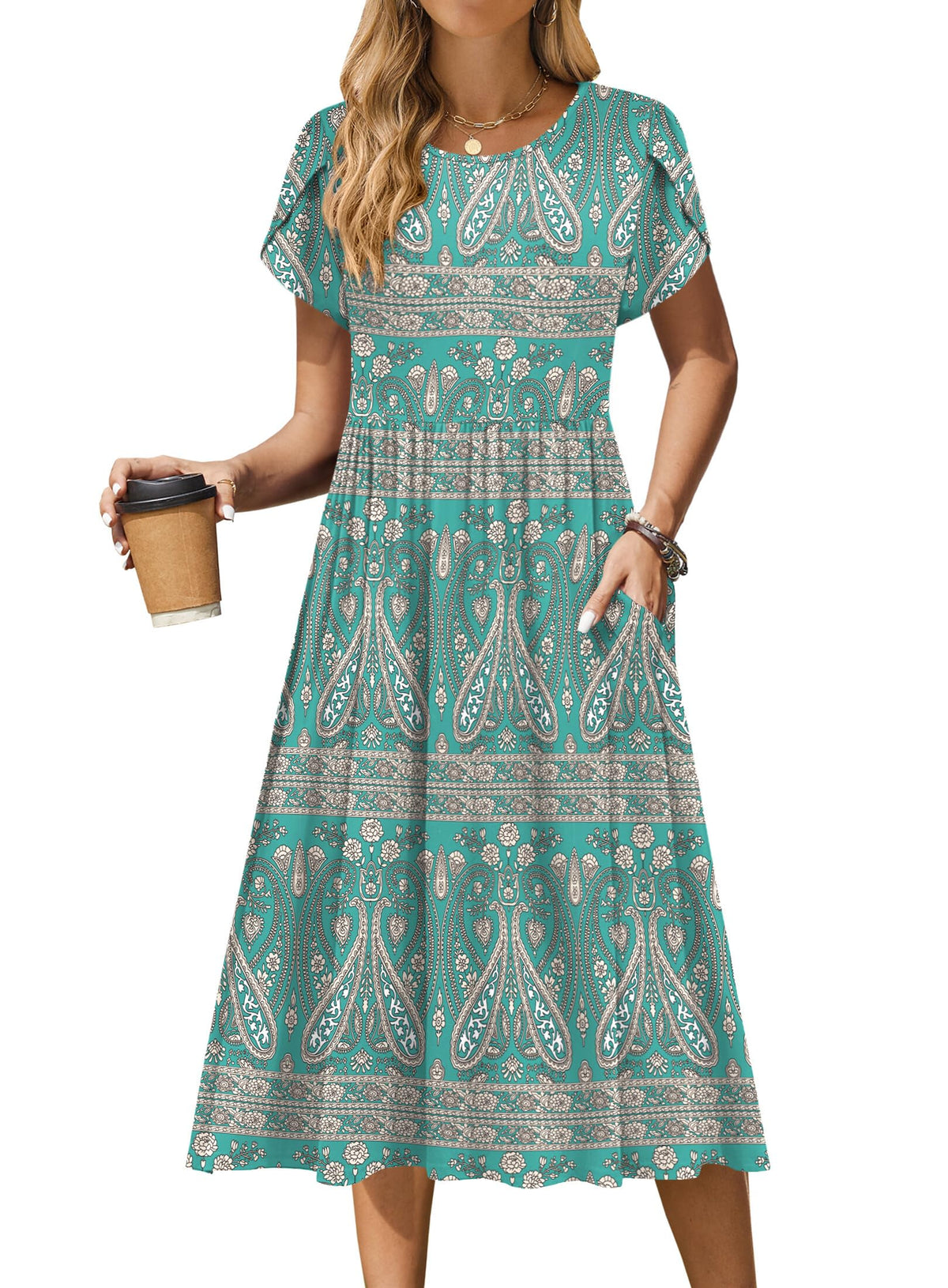 Zeagoo Womens Summer Dresses Casual Aline Midi Dress Short Sleeve Floral Tshirt Dress Flowy Beach Sundresses with Pockets