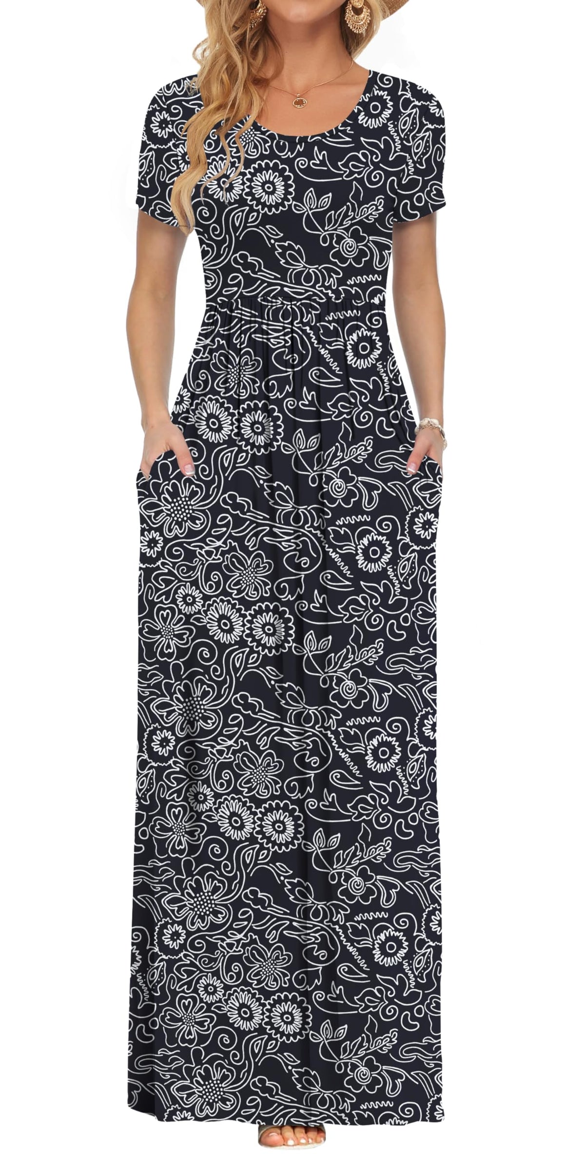 AUSELILY Women's Summer Short Sleeve Loose Plain Casual Long Maxi Dresses