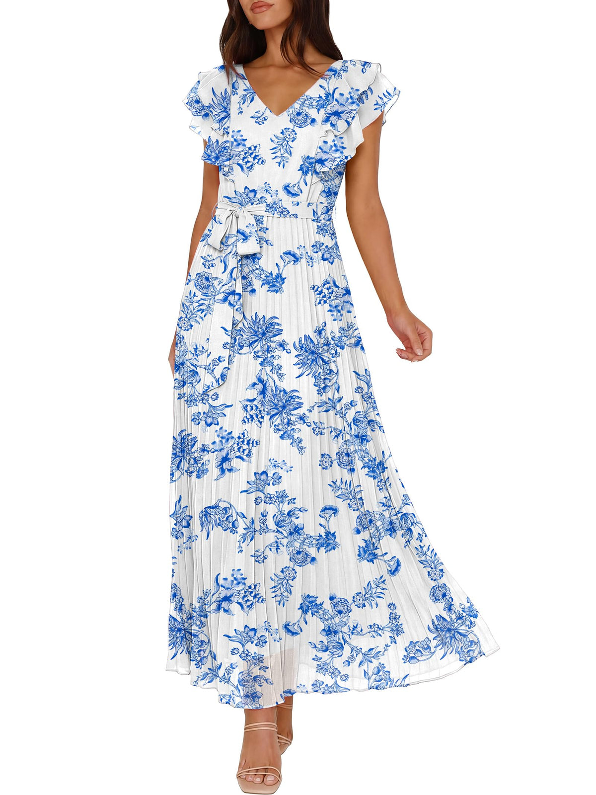 ANRABESS Women V Neck Ruffle Sleeve Floral Pleated Maxi Dresses Summer Boho Belt Empire Waist Wedding Guest Party Flowy Dress
