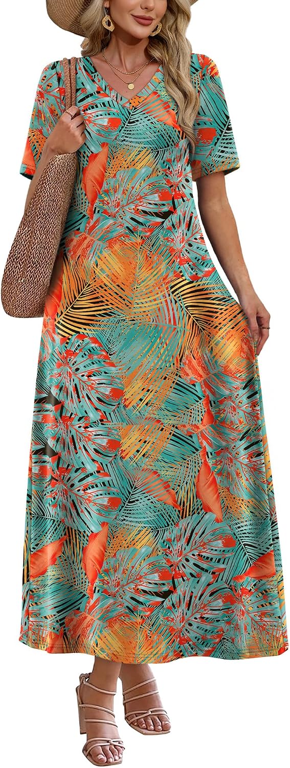 WIHOLL Women's Maxi Dresses V Neck Vacation Beach Sundresses Floral Travel Summer Dress
