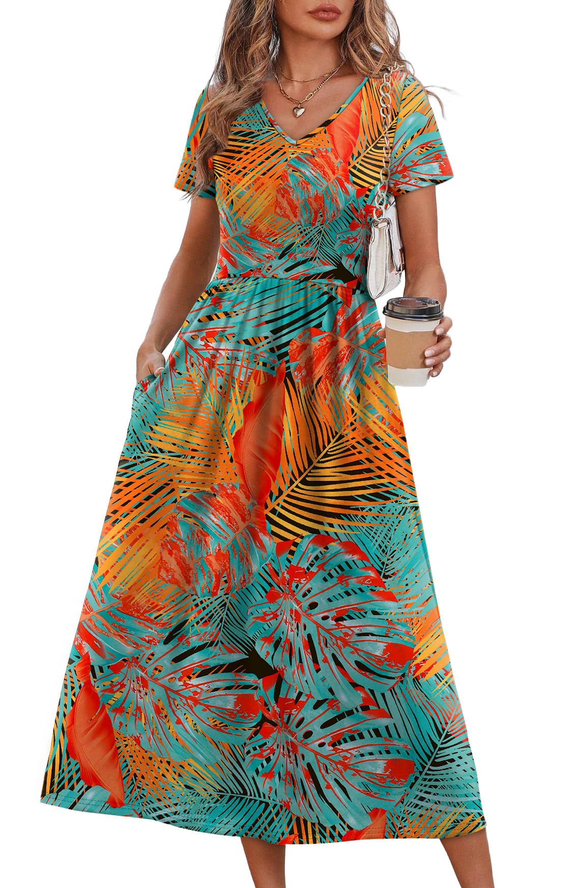 OFEEFAN Summer Dresses for Women Flowy Casual A-Line Midi Dress Beach Vacation Sundresses with Pockets S-2XL