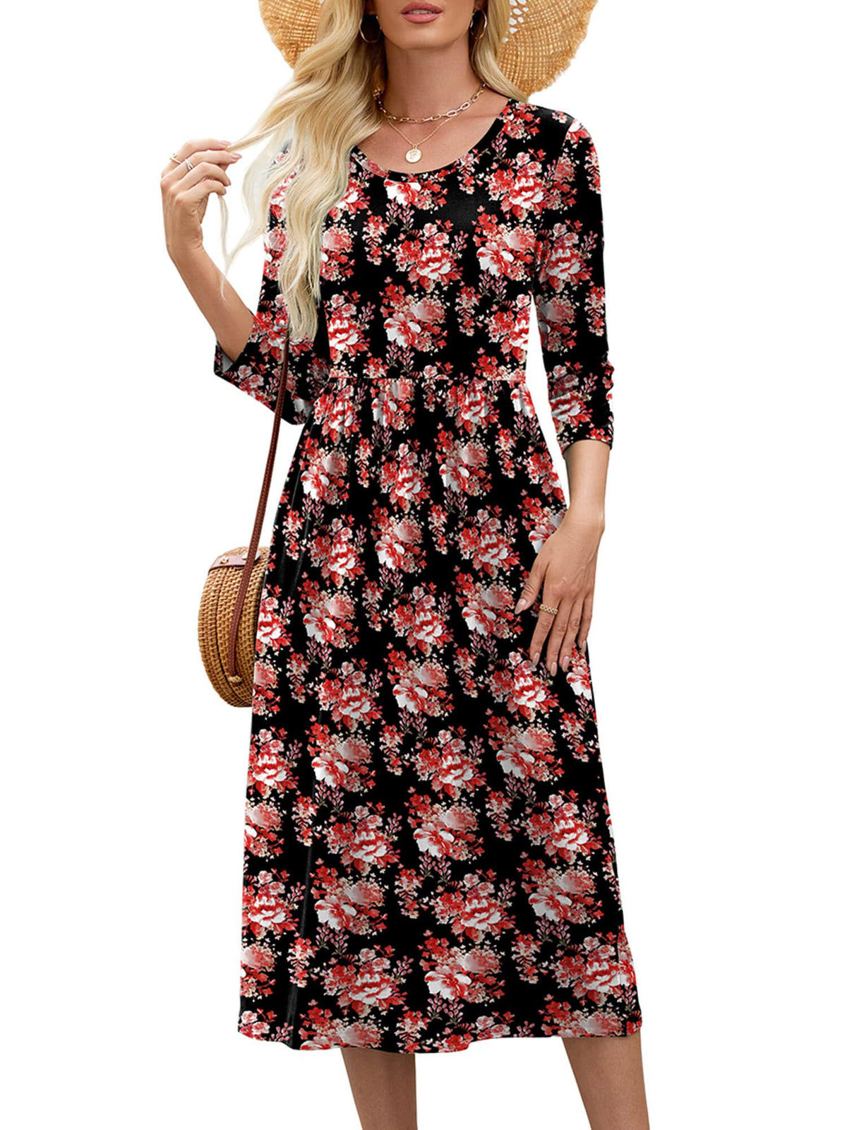 Heymoments Women's Casual 3/4 Sleeve Midi Dress with Pockets