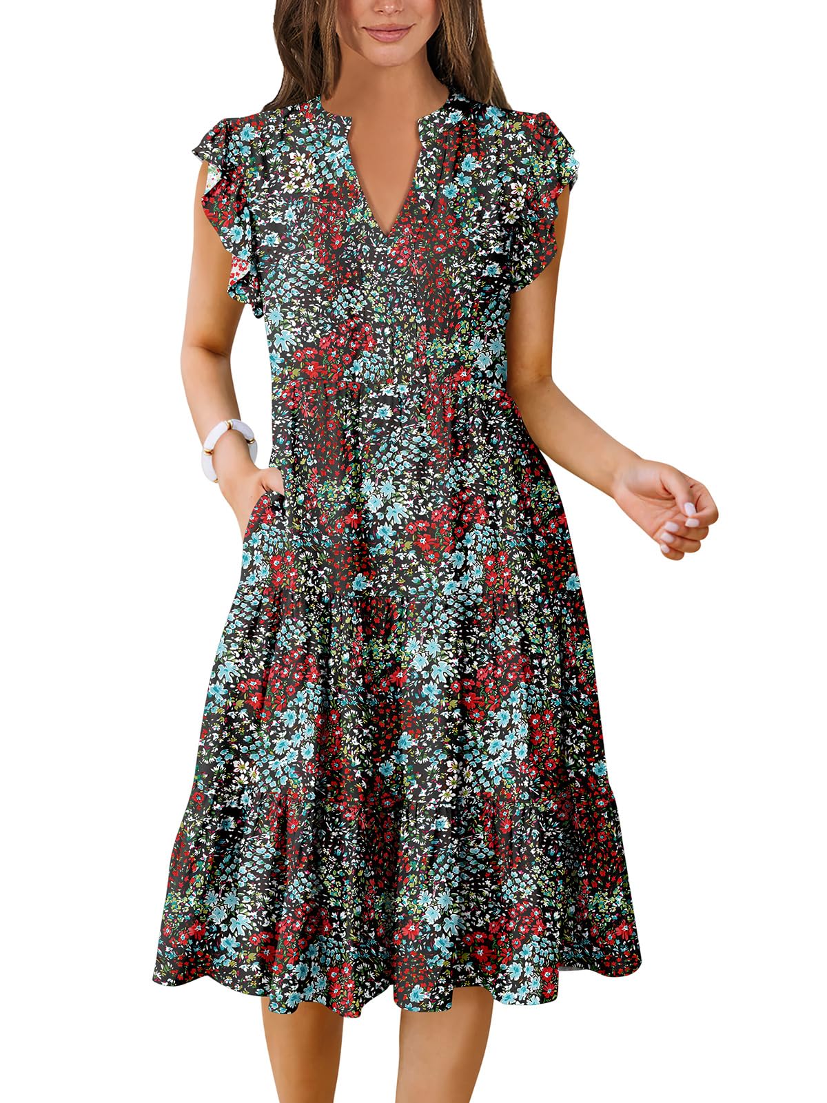 ANRABESS Womens Summer Dress Ruffle Sleeve V Neck Midi Dresses