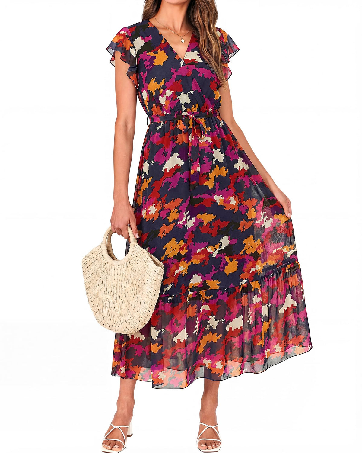 BTFBM Women Summer Casual Wrap V Neck Ruffle Cap Sleeve Belted Midi Dress