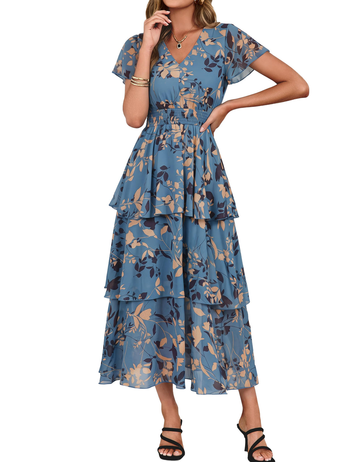 Simplee Women Floral Summer Maxi Dress Boho Flowy Ruffle Tiered Short Sleeves V Neck Long Wedding Guest Dresses