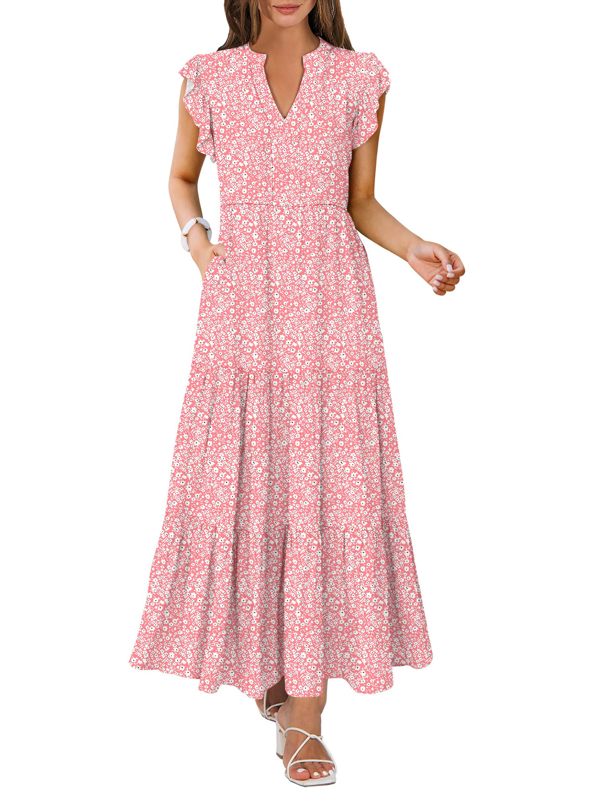 ANRABESS Womens Summer Dress Ruffle Sleeve V Neck Vacation Maxi Dresses