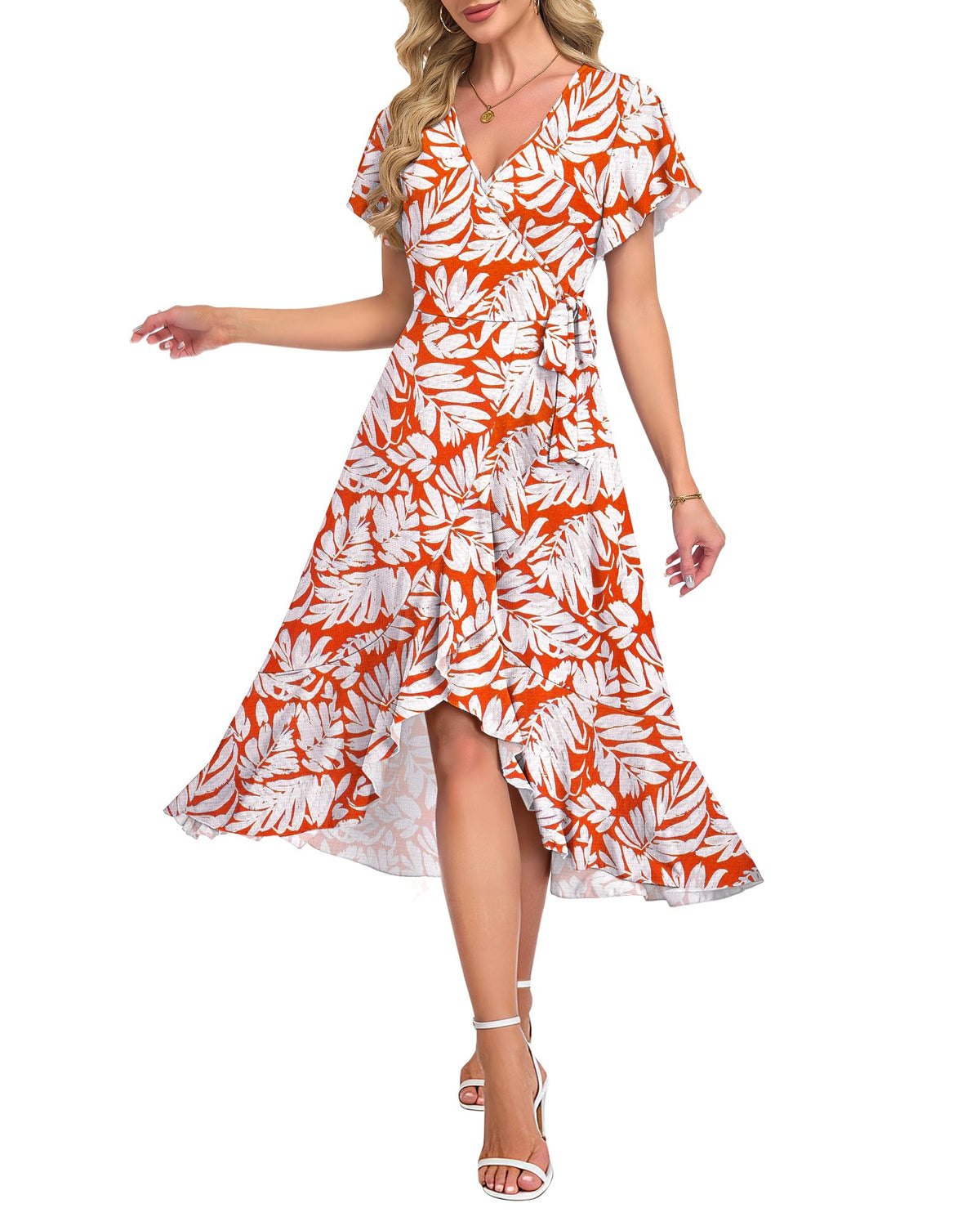 AUSELILY Women Summer Midi Dresses Wrap Short Flutter Sleeve Elegant Dress