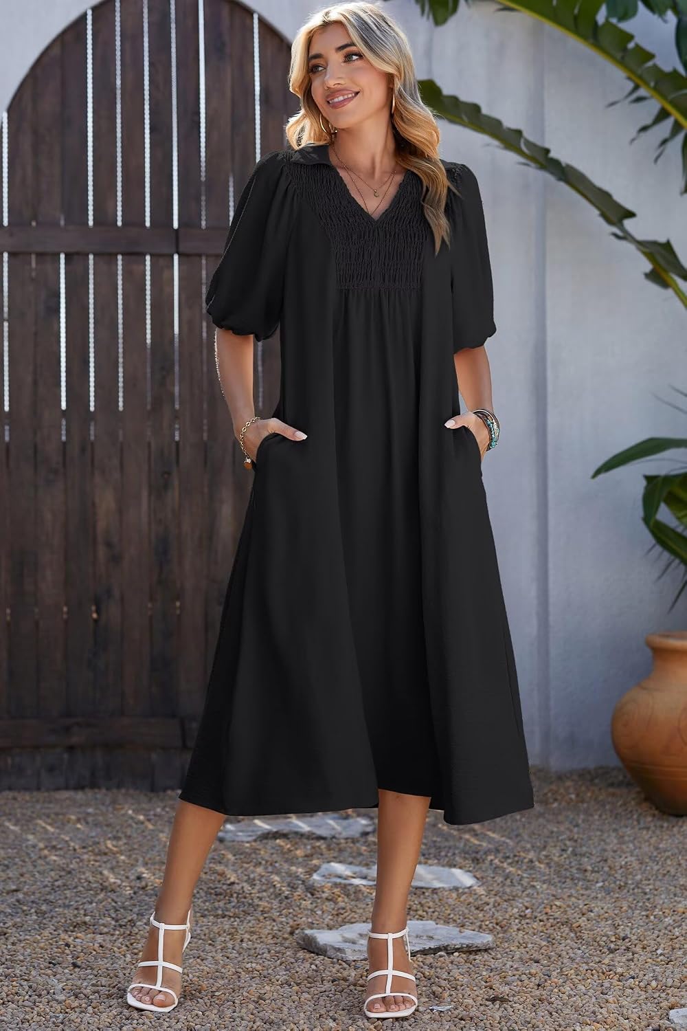 Dokotoo Summer Dresses for Women 2026 Casual Dresses V Neck Puff Sleeve Empire Waist A-Line Maxi Dress