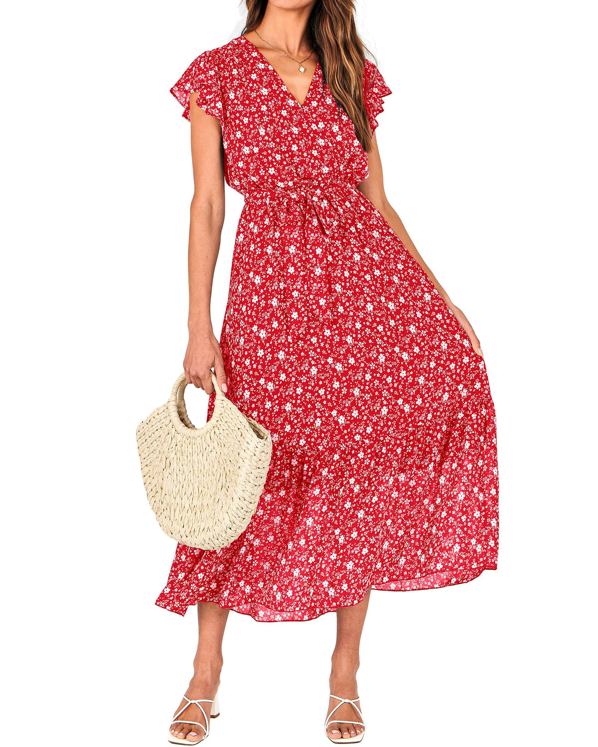 BTFBM Women Summer Casual Wrap V Neck Ruffle Cap Sleeve Belted Midi Dress