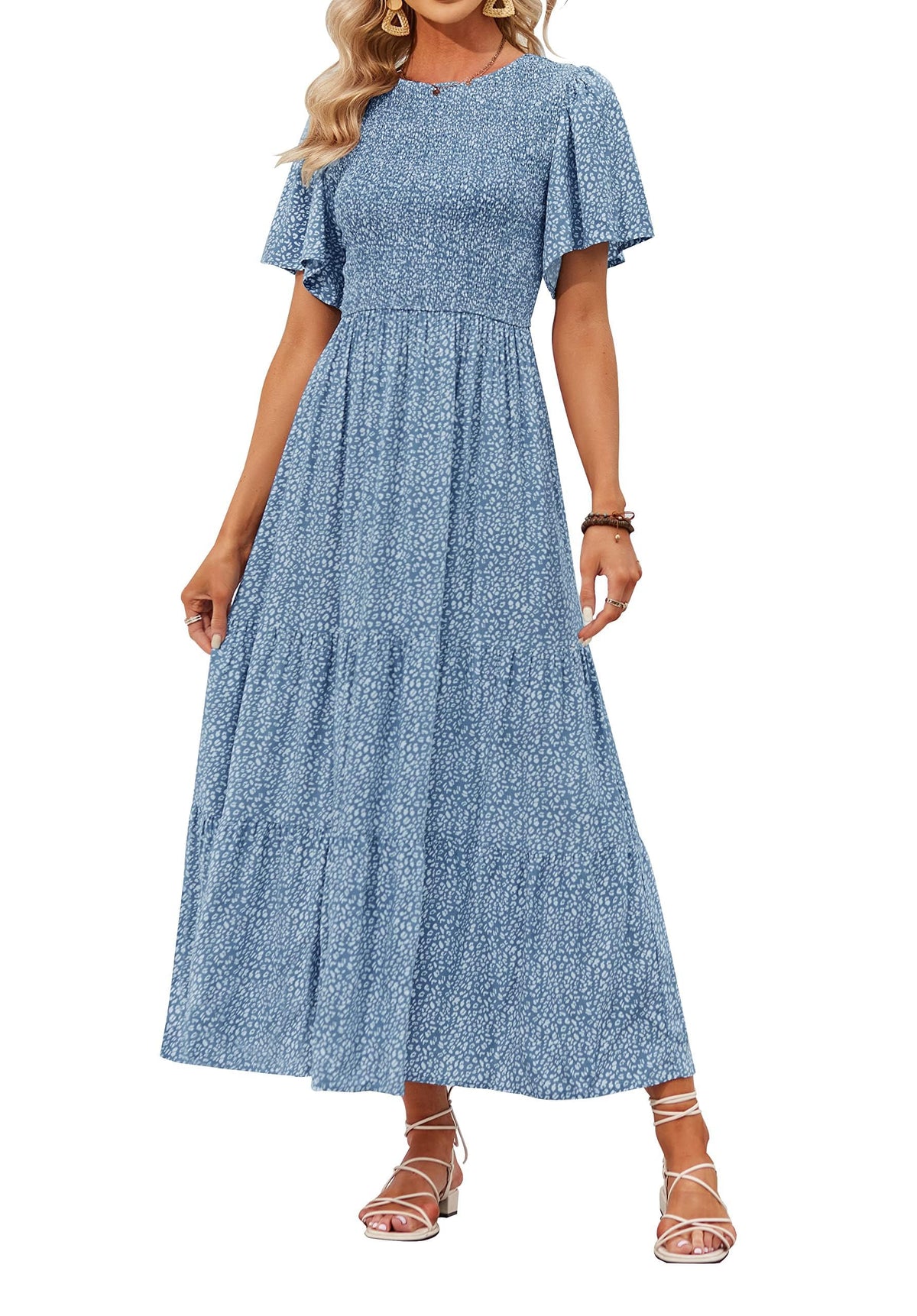 ZESICA Women's Summer Boho Floral Smocked Short Sleeve Maxi Dress